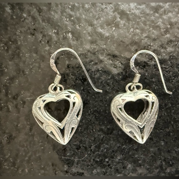 Vintage Sterling Silver Open Heart Filigree Hook Drop Dangle Earrings – 4g - Picture 2 of 9